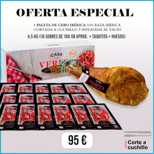 Paleta de cebo ibérica (50% raza ibérica) de 4,5 kg cortada a cuchillo (16 sobres de 100 gr)